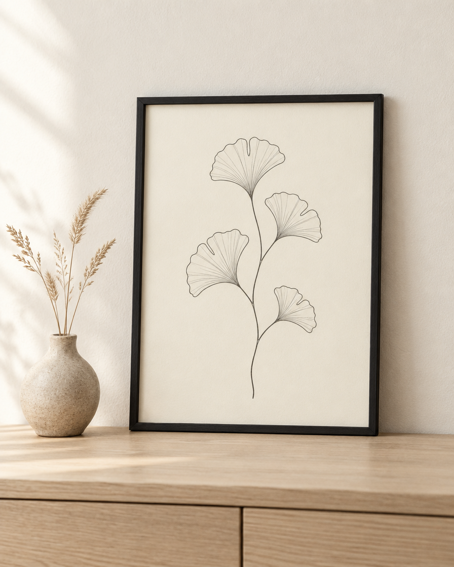 Ginkgo fine-line botanical print in a black frame
