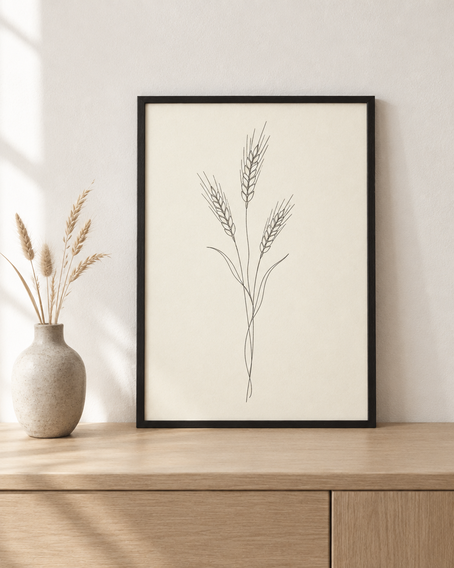 Wheat fine-line botanical print in a black frame