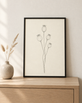 Poppy Seed Pods fine-line botanical print in a black frame