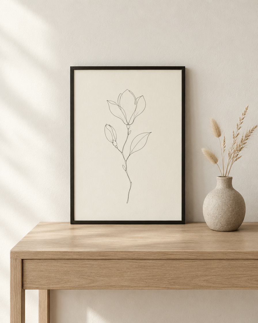 Magnolia fine-line botanical print in a black frame