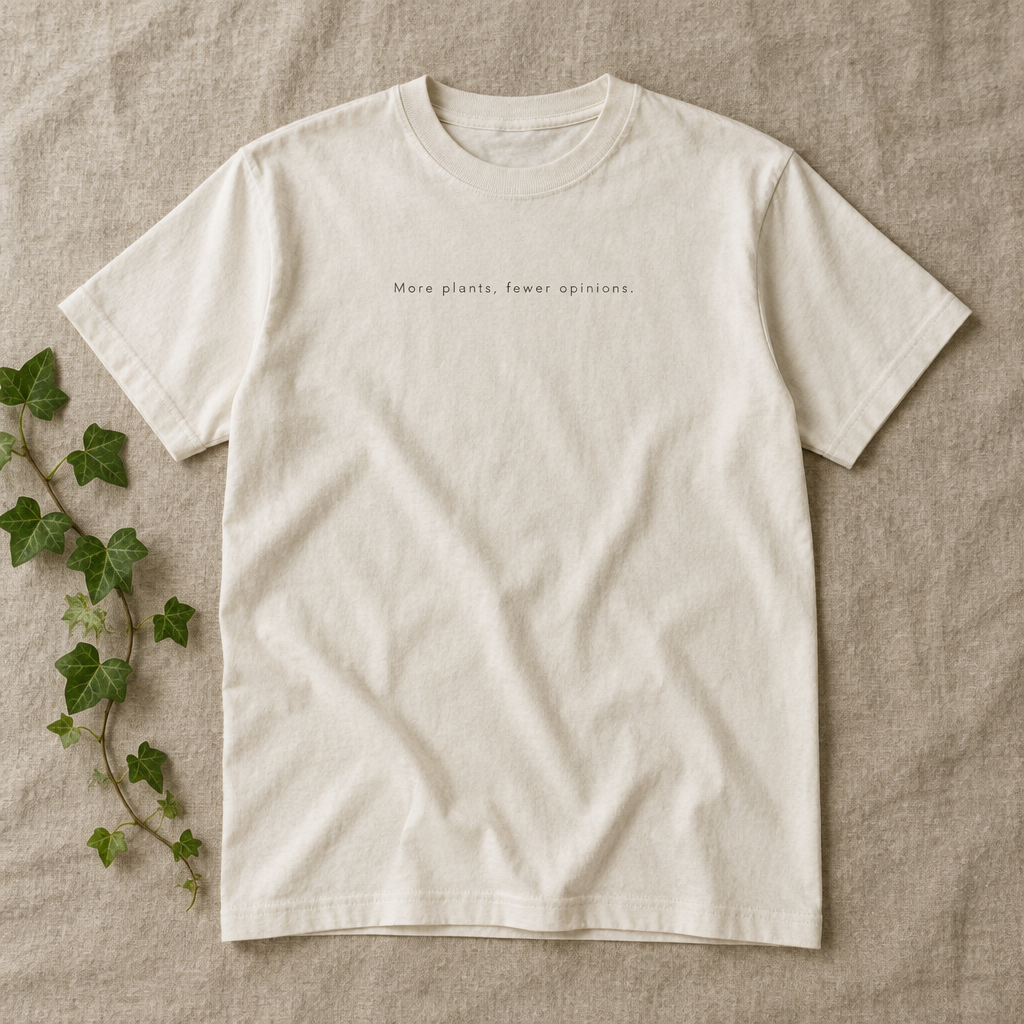 'More plants, fewer opinions.' Organic Cotton Tee