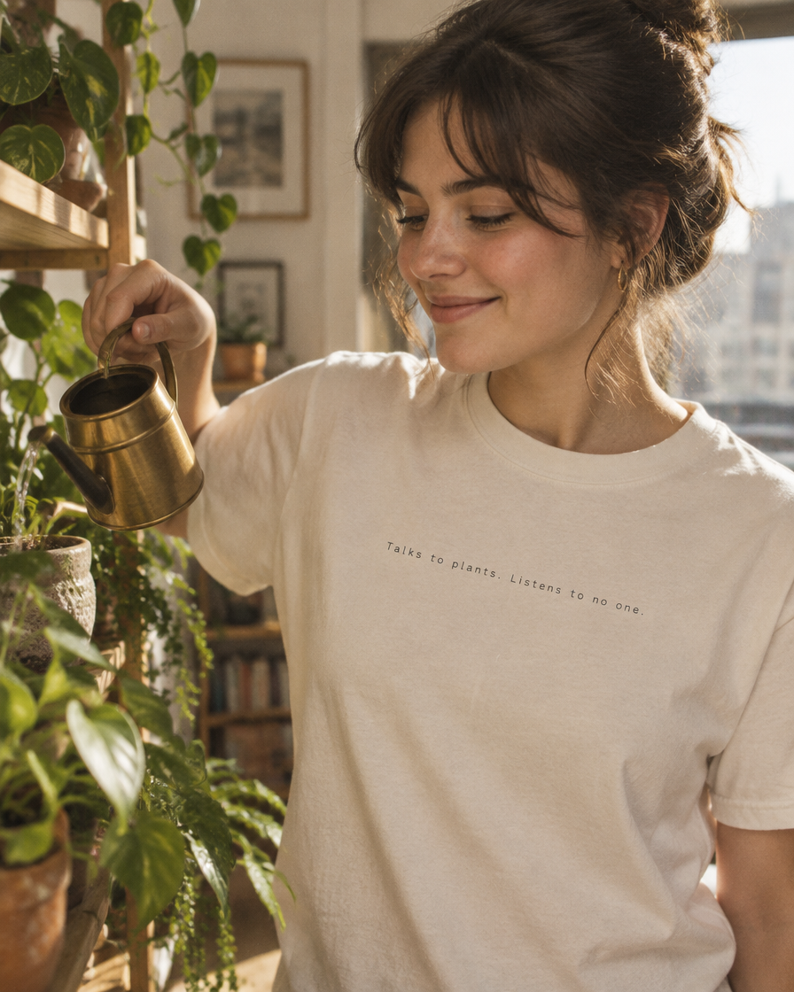 'Talks to plants. Listens to no one.' Organic Cotton Tee