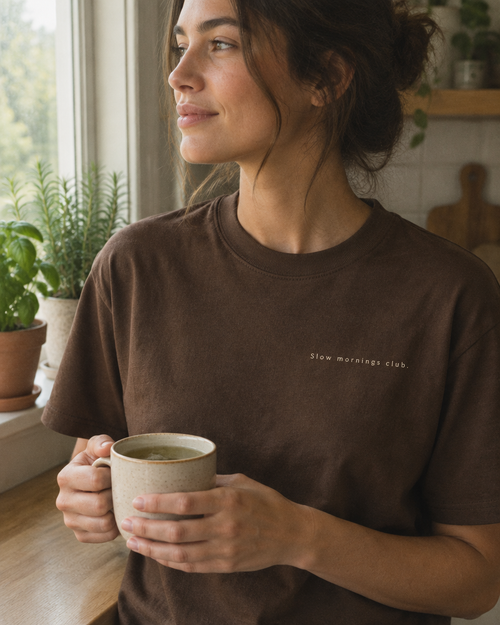 'Slow mornings club.' Organic Cotton Tee
