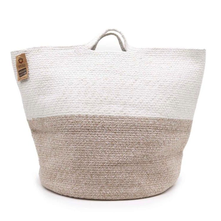 Cotton rope storage basket, 45 x 40cm, cream upper with natural beige base and woven carry handles